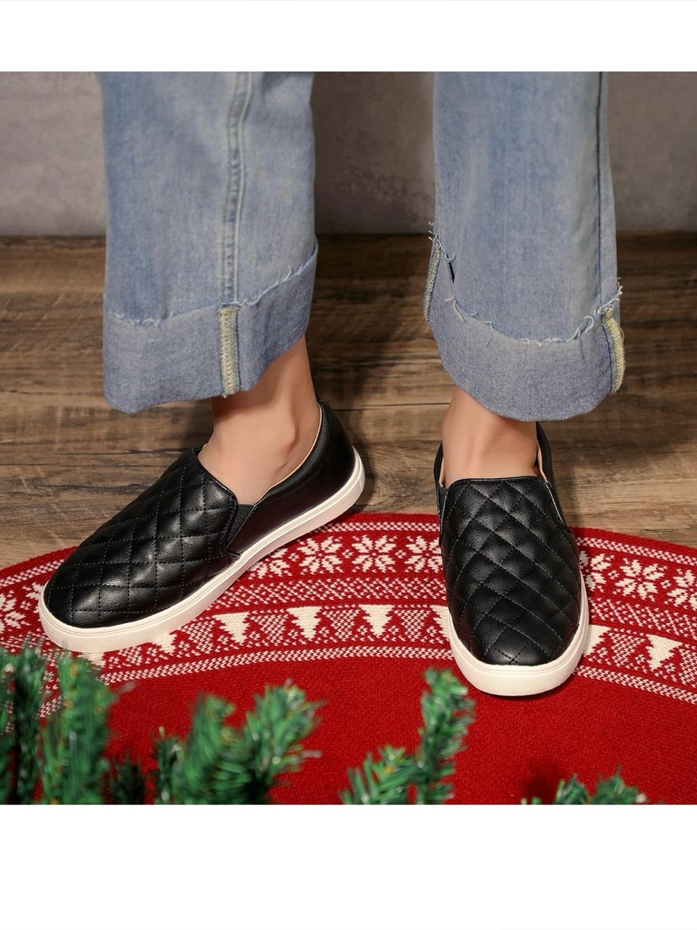 Quilted Black Slip-On Womens Sneakers